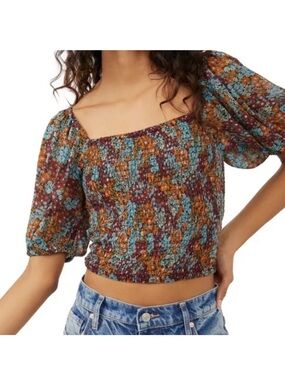Free People Back On Top Multicolor Floral Puff Sleeve Crop Top Dark Combo, XS